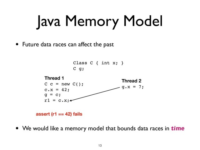 Java Memory Model
• Future data races can affect the past
!13
Class C { int x; }
C g;
Thread 1
C c = new C();
c.x = 42;
r1 = c.x;
g = c;
Thread 2
g.x = 7;
assert (r1 == 42) fails
• We would like a memory model that bounds data races in time
