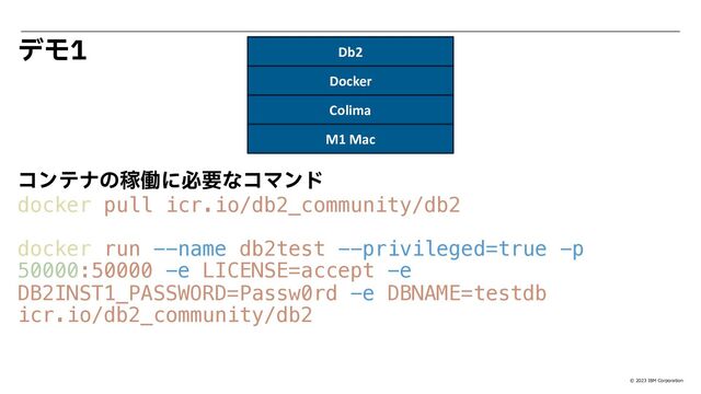© 2023 IBM Corporation
σϞ
M1 Mac
Colima
Docker
Db2
ίϯςφͷՔಇʹඞཁͳίϚϯυ
docker pull icr.io/db2_community/db2
docker run --name db2test --privileged=true -p
50000:50000 -e LICENSE=accept -e
DB2INST1_PASSWORD=Passw0rd -e DBNAME=testdb
icr.io/db2_community/db2
