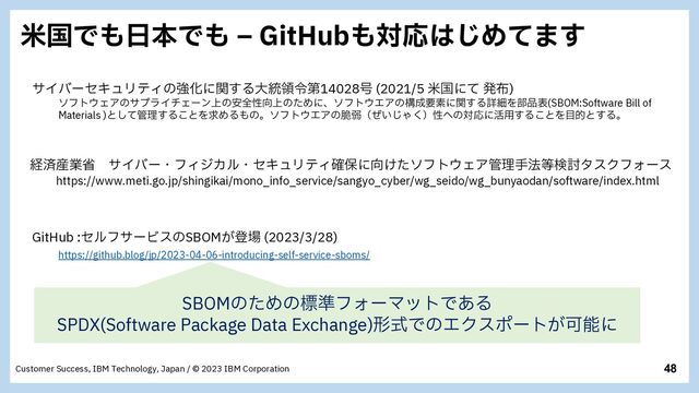 48
Customer Success, IBM Technology, Japan / © 2023 IBM Corporation
ถࠃͰ΋೔ຊͰ΋ r (JU)VC΋ରԠ͸͡Ίͯ·͢
ܦࡁ࢈ۀল αΠόʔɾϑΟδΧϧɾηΩϡϦςΟ֬อʹ޲͚ͨιϑτ΢ΣΞ؅ཧख๏౳ݕ౼λεΫϑΥʔε
https://www.meti.go.jp/shingikai/mono_info_service/sangyo_cyber/wg_seido/wg_bunyaodan/software/index.html
αΠόʔηΩϡϦςΟͷڧԽʹؔ͢Δେ౷ྖྩୈ14028߸ (2021/5 ถࠃʹͯ ൃ෍)
ιϑτ΢ΣΞͷαϓϥΠνΣʔϯ্ͷ҆શੑ޲্ͷͨΊʹɺιϑτ΢ΤΞͷߏ੒ཁૉʹؔ͢ΔৄࡉΛ෦඼ද(SBOM:Software Bill of
Materials )ͱͯ͠؅ཧ͢Δ͜ͱΛٻΊΔ΋ͷɻιϑτ΢ΤΞͷ੬ऑʢ͍ͥ͡Ό͘ʣੑ΁ͷରԠʹ׆༻͢Δ͜ͱΛ໨తͱ͢Δɻ
GitHub :ηϧϑαʔϏεͷSBOM͕ొ৔ (2023/3/28)
https://github.blog/jp/2023-04-06-introducing-self-service-sboms/
SBOMͷͨΊͷඪ४ϑΥʔϚοτͰ͋Δ
SPDX(Software Package Data Exchange)ܗࣜͰͷΤΫεϙʔτ͕Մೳʹ
