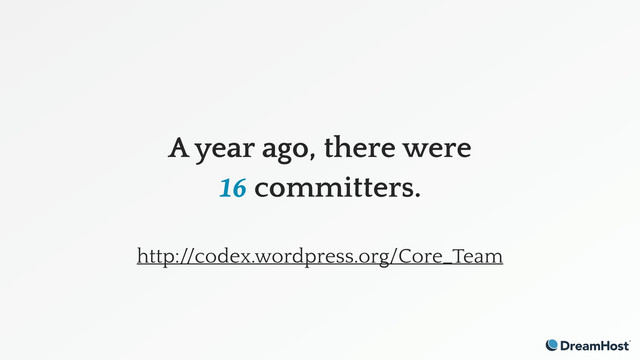 A year ago, there were
16 committers.
http://codex.wordpress.org/Core_Team
