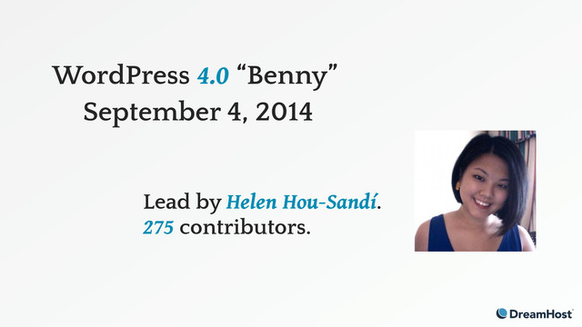 WordPress 4.0 “Benny”
September 4, 2014
Lead by Helen Hou-Sandí.
275 contributors.
