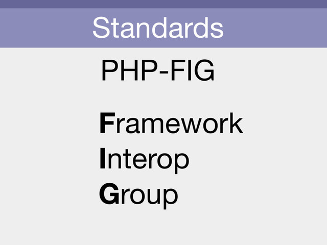 Standards
PHP-FIG
Framework

Interop

Group

