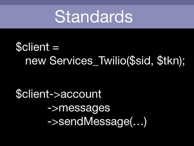 Standards
$client = 

new Services_Twilio($sid, $tkn);
$client->account

->messages

->sendMessage(…)
