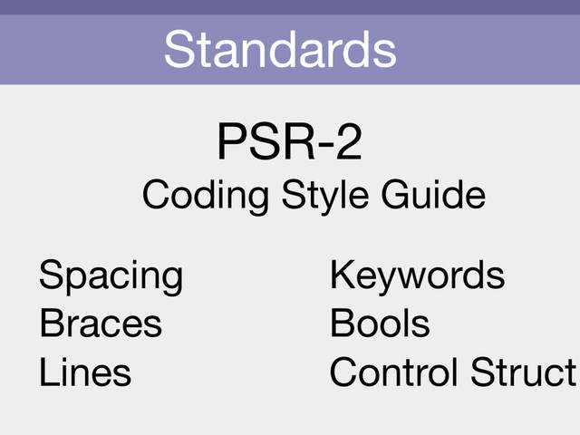 Standards
PSR-2
Coding Style Guide
Spacing
Braces
Lines
Keywords
Bools
Control Struct
