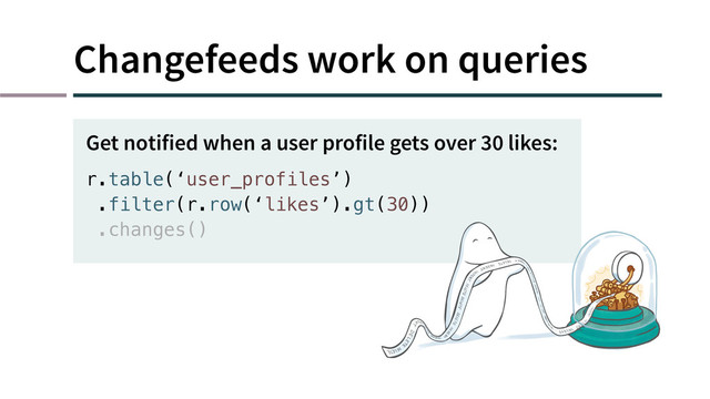 Changefeeds work on queries
r.table(‘user_profiles’)
.filter(r.row(‘likes’).gt(30))
.changes()
Get notified when a user profile gets over 30 likes:
