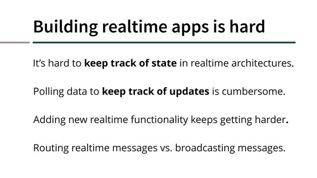 Building realtime apps is hard
Polling data to keep track of updates is cumbersome.
Adding new realtime functionality keeps getting harder.
Routing realtime messages vs. broadcasting messages.
It’s hard to keep track of state in realtime architectures.
