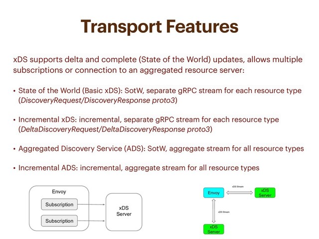 Transport Features
xDS supports delta and complete (State of the World) updates, allows multiple
subscriptions or connection to an aggregated resource server:
• State of the World (Basic xDS): SotW, separate gRPC stream for each resource type
(DiscoveryRequest/DiscoveryResponse proto3)
• Incremental xDS: incremental, separate gRPC stream for each resource type
(DeltaDiscoveryRequest/DeltaDiscoveryResponse proto3)
• Aggregated Discovery Service (ADS): SotW, aggregate stream for all resource types
• Incremental ADS: incremental, aggregate stream for all resource types
