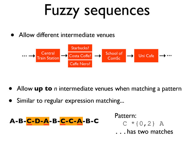 Fuzzy sequences
• Allow different intermediate venues
... Central
Train Station
Starbucks?
School of
ComSc
Uni Cafe
→ → →
→ →...
Costa Coffe?
Caffe Nero?
• Allow up to n intermediate venues when matching a pattern
• Similar to regular expression matching...
Pattern:
C *{0,2} A
...has two matches
A-B-C-D-A-B-C-C-A-B-C
