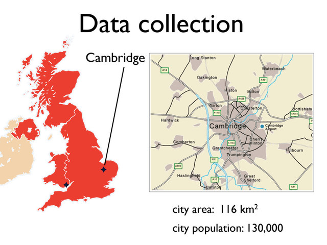 city area: 116 km2
Data collection
Cambridge
city population: 130,000
