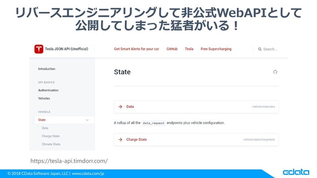 © 2018 CData Software Japan, LLC | www.cdata.com/jp
リバースエンジニアリングして非公式WebAPIとして
公開してしまった猛者がいる！
https://tesla-api.timdorr.com/
