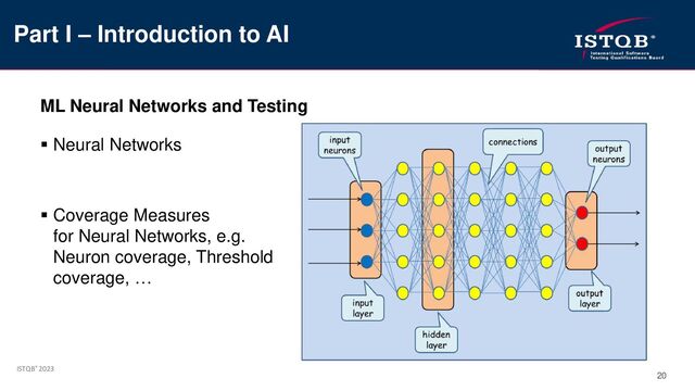 ISTQB® 2023
20
ML Neural Networks and Testing
▪ Neural Networks
▪ Coverage Measures
for Neural Networks, e.g.
Neuron coverage, Threshold
coverage, …
Part I – Introduction to AI
