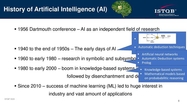 ISTQB® 2023
8
▪ 1956 Dartmouth conference – AI as an independent field of research
▪ 1940 to the end of 1950s – The early days of AI
▪ 1960 to early 1980 – research in symbolic and subsymbolic AI
▪ 1980 to early 2000 – boom in knowledge-based systems in industry,
followed by disenchantment and decline
▪ Since 2010 – success of machine learning (ML) led to huge interest in
industry and vast amount of applications
History of Artificial Intelligence (AI)
Automatic deduction techniques
based on mathematical logic
▪
▪
▪ Artificial neural networks
▪ Automatic Deduction systems
▪ Prolog
▪ Knowledge-based systems
▪ Mathematical models based
on probababilitic reasoning

