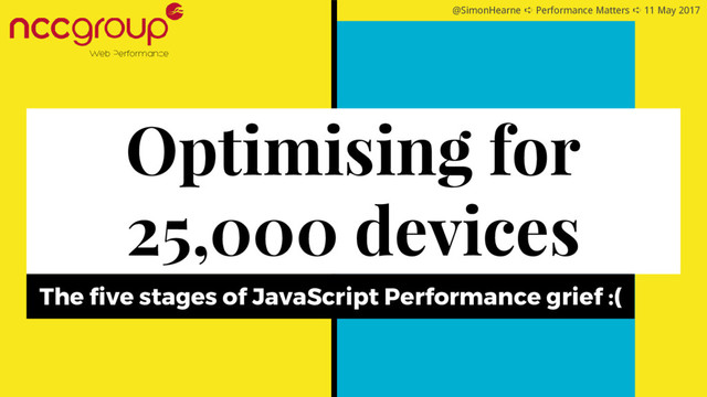 @SimonHearne ➪ Performance Matters ➪ 11 May 2017
Optimising for
25,000 devices
The five stages of JavaScript Performance grief :(
