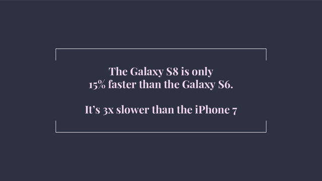 @SimonHearne ➪ Performance Matters ➪ 11 May 2017
The Galaxy S8 is only
15% faster than the Galaxy S6.
It’s 3x slower than the iPhone 7
