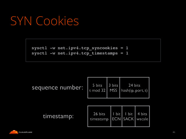 SYN Cookies
46
5 bits
t mod 32
3 bits
MSS
24 bits
hash(ip, port, t)
sequence number:
26 bits
timestamp
1 bit
ECN
1 bit
SACK
4 bits
wscale
timestamp:
!
sysctl -w net.ipv4.tcp_syncookies = 1!
sysctl -w net.ipv4.tcp_timestamps = 1!
