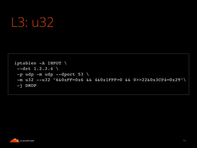 L3: u32
73
!
iptables -A INPUT \!
--dst 1.2.3.4 \!
-p udp -m udp --dport 53 \!
-m u32 --u32 "6&0xFF=0x6 && 4&0x1FFF=0 && 0>>22&0x3C@4=0x29"\!
-j DROP!

