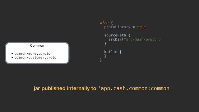 Common


• common/money.proto


• common/customer.proto
wire {


protoLibrary = true


sourcePath {


srcDir("src/main/proto")


}


kotlin {


}


}
jar published internally to 'app.cash.common:common'
