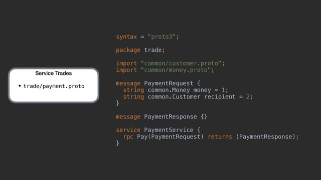 Service Trades


• trade/payment.proto
syntax = "proto3";


package trade;


import "common/customer.proto";


import "common/money.proto";


message PaymentRequest {


string common.Money money = 1;


string common.Customer recipient = 2;


}


message PaymentResponse {}


service PaymentService {


rpc Pay(PaymentRequest) returns (PaymentResponse);


}

