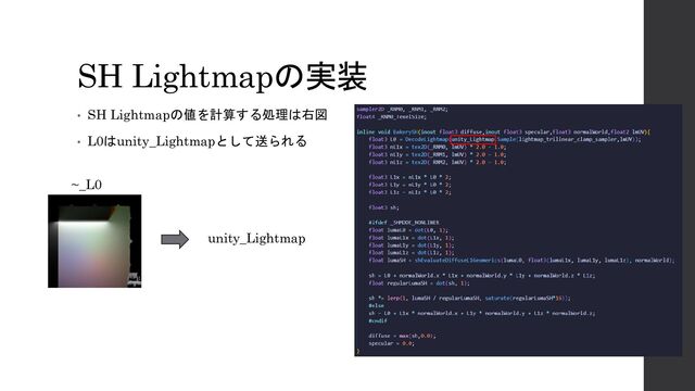 SH Lightmapの実装
• SH Lightmapの値を計算する処理は右図
• L0はunity_Lightmapとして送られる
~_L0
unity_Lightmap
