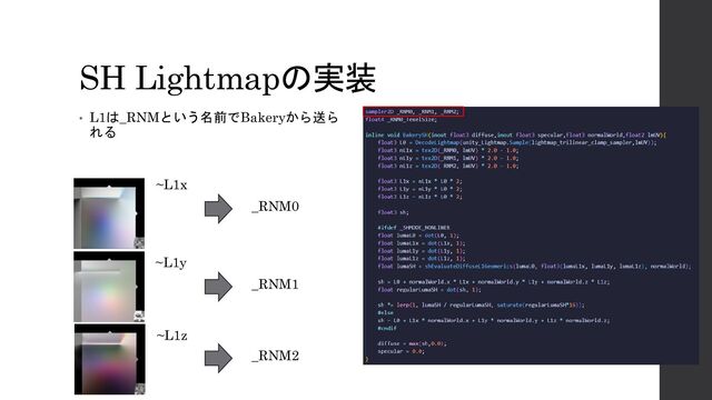 SH Lightmapの実装
• L1は_RNMという名前でBakeryから送ら
れる
~L1x
~L1y
~L1z
_RNM1
_RNM0
_RNM2
