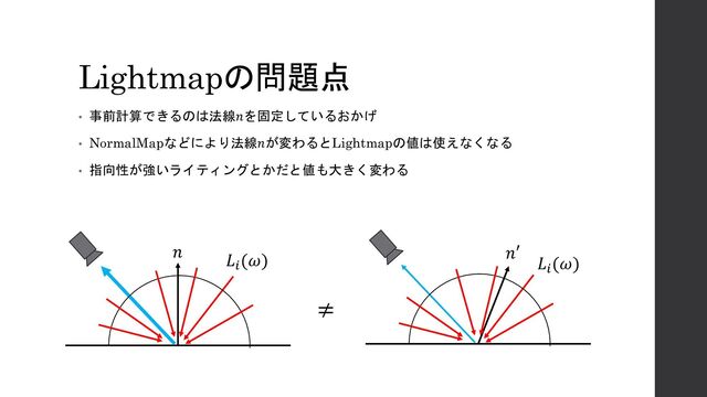 Lightmapの問題点
• 事前計算できるのは法線𝑛を固定しているおかげ
• NormalMapなどにより法線𝑛が変わるとLightmapの値は使えなくなる
• 指向性が強いライティングとかだと値も大きく変わる
𝐿𝑖
(𝜔)
𝑛′
𝐿𝑖
(𝜔)
𝑛
≠
