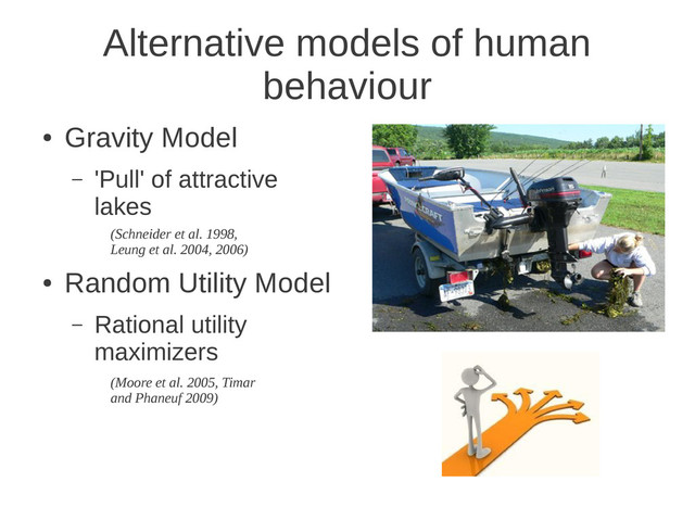 Alternative models of human
behaviour
●
Gravity Model
– 'Pull' of attractive
lakes
●
Random Utility Model
– Rational utility
maximizers
(Schneider et al. 1998,
Leung et al. 2004, 2006)
(Moore et al. 2005, Timar
and Phaneuf 2009)

