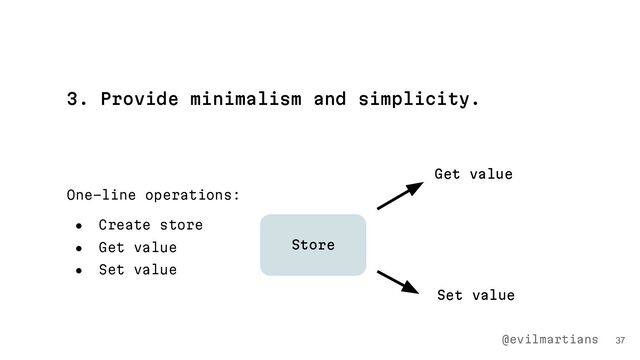 3. Provide minimalism and simplicity.
37
Store
One-line operations:
● Create store
● Get value
● Set value
@evilmartians
Get value
Set value

