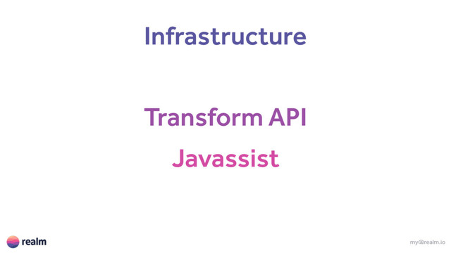 Transform API
my@realm.io
Javassist
Infrastructure

