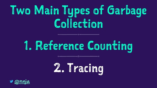 Two Main Types of Garbage
Collection
1. Reference Counting
2. Tracing
@nnja
