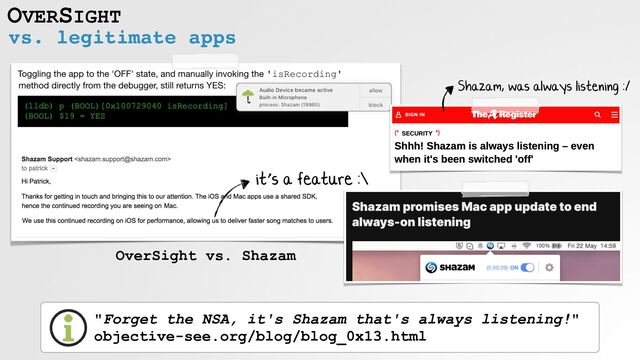 OVERSIGHT
vs. legitimate apps
"Forget the NSA, it's Shazam that's always listening!"
 
objective-see.org/blog/blog_0x13.html
OverSight vs. Shazam
Shazam, was always listening :/
