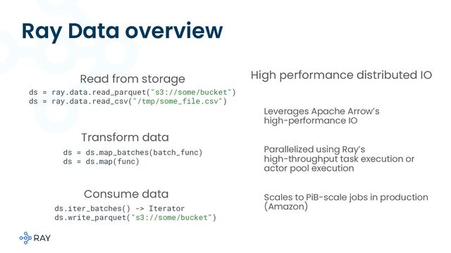Ray Data overview
High performance distributed IO
ds = ray.data.read_parquet("s3://some/bucket")
ds = ray.data.read_csv("/tmp/some_file.csv")
Leverages Apache Arrow’s
high-performance IO
Parallelized using Ray’s
high-throughput task execution or
actor pool execution
Scales to PiB-scale jobs in production
(Amazon)
Read from storage
Transform data
ds = ds.map_batches(batch_func)
ds = ds.map(func)
ds.iter_batches() -> Iterator
ds.write_parquet("s3://some/bucket")
Consume data
