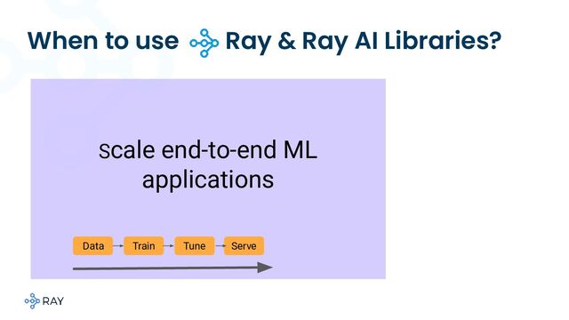 When to use Ray & Ray AI Libraries?
Scale end-to-end ML
applications
Data Train Tune Serve
