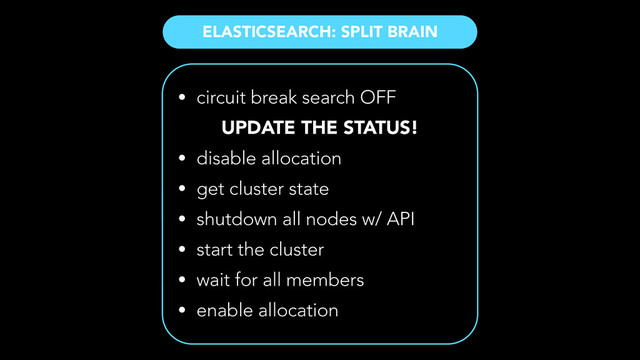 ELASTICSEARCH: SPLIT BRAIN
• circuit break search OFF
!
• disable allocation
• get cluster state
• shutdown all nodes w/ API
• start the cluster
• wait for all members
• enable allocation
UPDATE THE STATUS!
