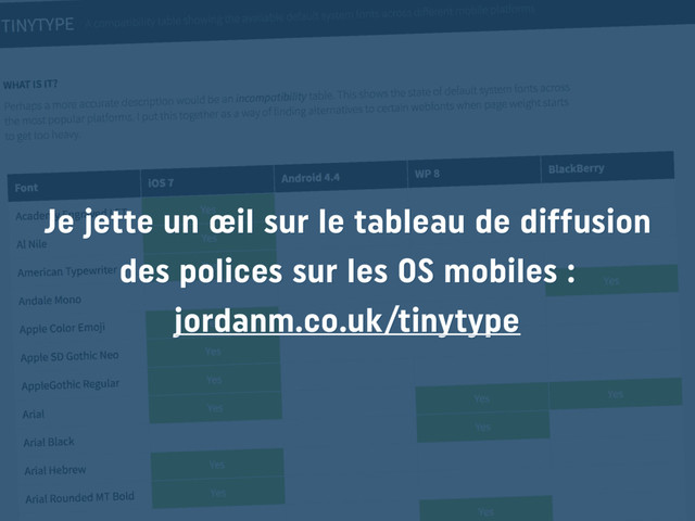 Je jette un œil sur le tableau de diffusion  
des polices sur les OS mobiles : 
jordanm.co.uk/tinytype
