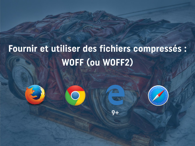 Fournir et utiliser des fichiers compressés : 
WOFF (ou WOFF2)
9+
