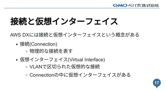 接続と仮想インターフェイス
AWS DX
には接続と仮想インターフェイスという概念がある
接続(Connection)
物理的な接続を表す
仮想インターフェイス(Virtual Interface)
VLAN
で区切られた仮想的な接続
Connection
の中に仮想インターフェイスがある
17
