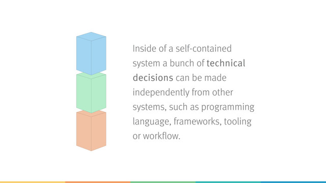 Inside of a self-contained
system a bunch of technical
decisions can be made
independently from other
systems, such as programming
language, frameworks, tooling
or workflow.
