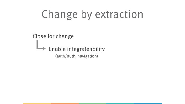 Close for change
Enable integrateability 
(auth/auth, navigation)
Change by extraction
