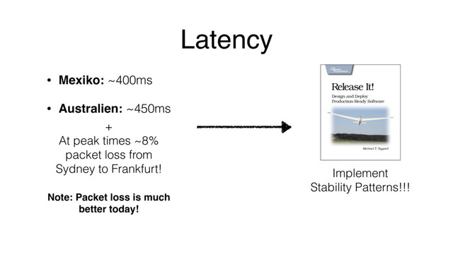 Latency
• Mexiko: ~400ms
• Australien: ~450ms
+
At peak times ~8%
packet loss from
Sydney to Frankfurt!
Note: Packet loss is much
better today!
Implement
Stability Patterns!!!
