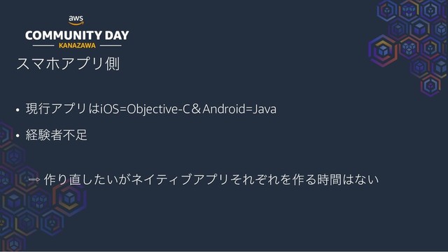 KANAZAWA
εϚϗΞϓϦଆ
• ݱߦΞϓϦ͸iOS=Objective-CˍAndroid=Java
• ܦݧऀෆ଍
ɹ὎ ࡞Γ௚͍͕ͨ͠ωΠςΟϒΞϓϦͦΕͧΕΛ࡞Δ࣌ؒ͸ͳ͍

