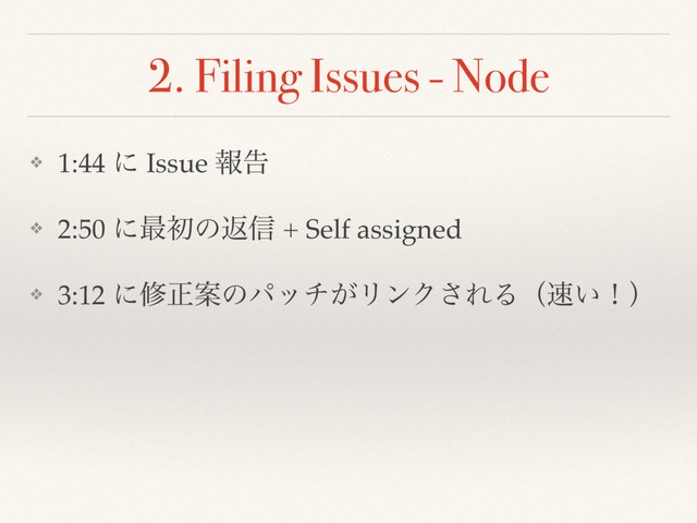 2. Filing Issues - Node
❖ 1:44 ʹ Issue ใࠂ
❖ 2:50 ʹ࠷ॳͷฦ৴ + Self assigned
❖ 3:12 ʹमਖ਼Ҋͷύον͕ϦϯΫ͞ΕΔʢ଎͍ʂʣ
