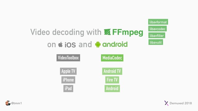 Demuxed 2018
@tmm1
FFmpeg
Video decoding with
libavformat
libavcodec
libavutil
libavfilter
iOS
on and
VideoToolbox
Apple TV
iPhone
iPad
MediaCodec
Android TV
Fire TV
Android
