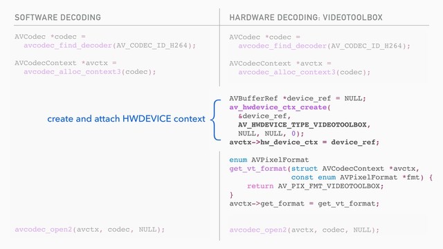 SOFTWARE DECODING
AVCodec *codec =
avcodec_find_decoder(AV_CODEC_ID_H264);
AVCodecContext *avctx =
avcodec_alloc_context3(codec);
avcodec_open2(avctx, codec, NULL);
AVCodec *codec =
avcodec_find_decoder(AV_CODEC_ID_H264);
AVCodecContext *avctx =
avcodec_alloc_context3(codec);
AVBufferRef *device_ref = NULL;
av_hwdevice_ctx_create(
&device_ref,
AV_HWDEVICE_TYPE_VIDEOTOOLBOX,
NULL, NULL, 0);
avctx->hw_device_ctx = device_ref;
enum AVPixelFormat
get_vt_format(struct AVCodecContext *avctx,
const enum AVPixelFormat *fmt) {
return AV_PIX_FMT_VIDEOTOOLBOX;
}
avctx->get_format = get_vt_format;
avcodec_open2(avctx, codec, NULL);
HARDWARE DECODING: VIDEOTOOLBOX
{
create and attach HWDEVICE context
