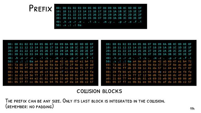 The pref ix can be any size. Only its last block is integrated in the collision.
(remember: no padding)
00: 00 01 02 03 04 05 06 07 08 09 0A 0B 0C 0D 0E 0F
10: 10 11 12 13 14 15 16 17 18 19 1A 1B 1C 1D 1E 1F
20: 20 21 22 23 24 25 26 27 28 29 2A 2B 2C 2D 2E 2F
30: 30 31 32 33 34 35 36 37 38 39 3A 3B 3C 3D 3E 3F
40: .h .e .r .e . .i .s . .m .y . .p .r .e .f .i
50: .x .! .! 0a .
00: 00 01 02 03 04 05 06 07 08 09 0A 0B 0C 0D 0E 0F
10: 10 11 12 13 14 15 16 17 18 19 1A 1B 1C 1D 1E 1F
20: 20 21 22 23 24 25 26 27 28 29 2A 2B 2C 2D 2E 2F
30: 30 31 32 33 34 35 36 37 38 39 3A 3B 3C 3D 3E 3F
40: .h .e .r .e . .i .s . .m .y . .p .r .e .f .i
50: .x .! .! 0a a4 8e d8 3f ae 42 a5 6b 47 e1 b4 72
60: 7a 86 27 96 60 3a e6 9a 8a 37 7d 2f 8e ac a6 ad
70: fd 56 ff d8 23 59 1c 81 da 57 1c 84 ee f5 17 07
80: 39 f9 b5 e5 d8 a6 c4 02 89 df e2 c0 82 1e f8 fa
90: 1e c3 c4 3e 77 17 12 98 d6 78 ed 80 dc 4f 83 86
a0: 21 68 77 44 e2 dc 81 c8 69 33 eb 95 3a 60 08 a0
b0: 05 37 f7 cc 0b b1 ee 94 76 0c af da 18 8b c2 57
00: 00 01 02 03 04 05 06 07 08 09 0A 0B 0C 0D 0E 0F
10: 10 11 12 13 14 15 16 17 18 19 1A 1B 1C 1D 1E 1F
20: 20 21 22 23 24 25 26 27 28 29 2A 2B 2C 2D 2E 2F
30: 30 31 32 33 34 35 36 37 38 39 3A 3B 3C 3D 3E 3F
40: .h .e .r .e . .i .s . .m .z . .p .r .e .f .i
50: .x .! .! 0a a4 8e d8 3f ae 42 a5 6b 47 e1 b4 72
60: 7a 86 27 96 60 3a e6 9a 8a 37 7d 2f 8e ac a6 ad
70: fd 56 ff d8 23 59 1c 81 da 57 1c 84 ee f5 17 07
80: 39 f9 b5 e5 d8 a6 c4 02 89 de e2 c0 82 1e f8 fa
90: 1e c3 c4 3e 77 17 12 98 d6 78 ed 80 dc 4f 83 86
a0: 21 68 77 44 e2 dc 81 c8 69 33 eb 95 3a 60 08 a0
b0: 05 37 f7 cc 0b b1 ee 94 76 0c af da 18 8b c2 57
Pref ix
collision blocks
114
