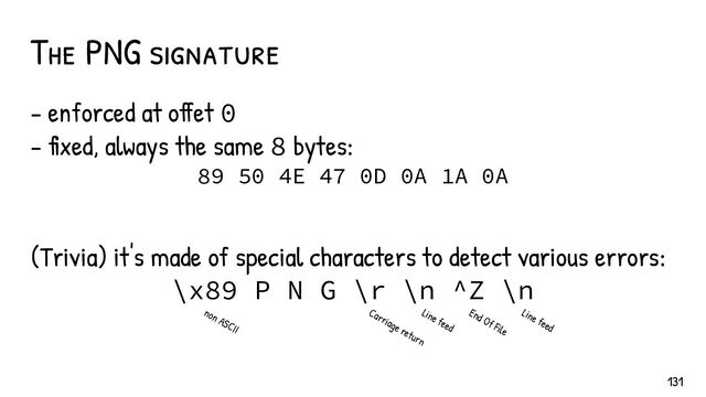 The PNG signature
- enforced at offet 0
- fixed, always the same 8 bytes:
89 50 4E 47 0D 0A 1A 0A
(Trivia) it's made of special characters to detect various errors:
\x89 P N G \r \n ^Z \n
End Of File
non ASCII
Line feed
Line feed
Carriage return
131
