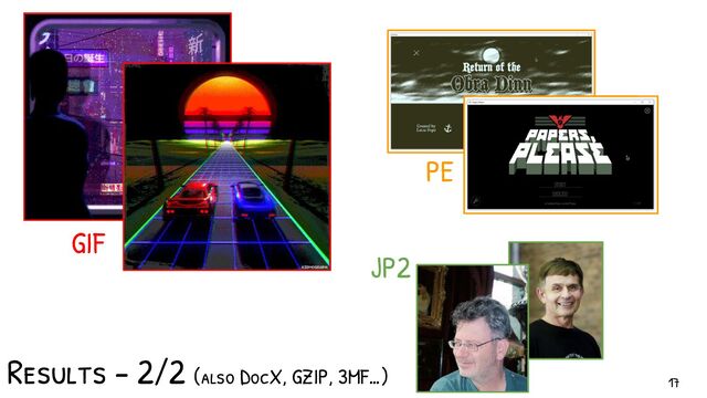 Results - 2/2 (also DocX, GZIP, 3MF…)
GIF
PE
JP2
17
