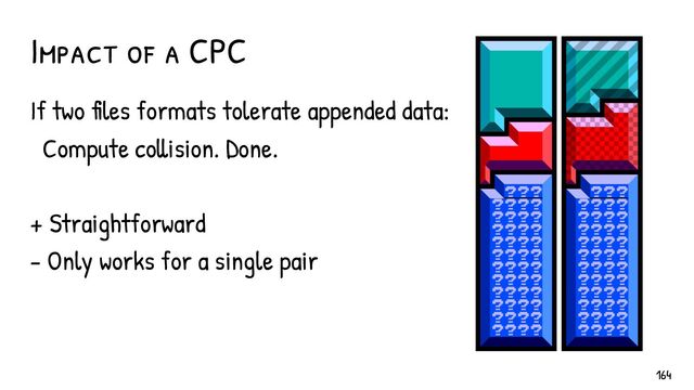 Impact of a CPC
If two files formats tolerate appended data:
Compute collision. Done.
+ Straightforward
- Only works for a single pair
164
