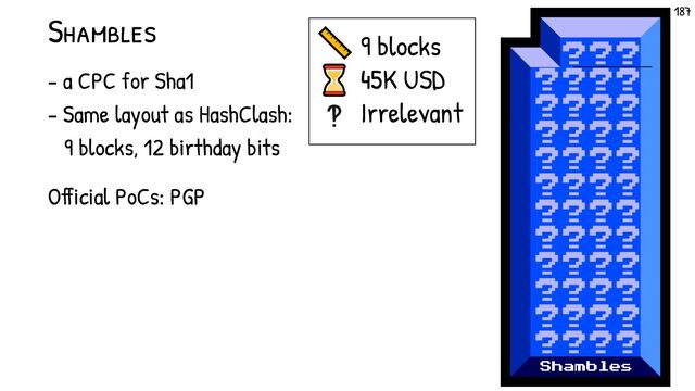 Shambles
- a CPC for Sha1
- Same layout as HashClash:
9 blocks, 12 birthday bits
Official PoCs: PGP
📏
⌛
‽
9 blocks
45K USD
Irrelevant
Shambles
187
