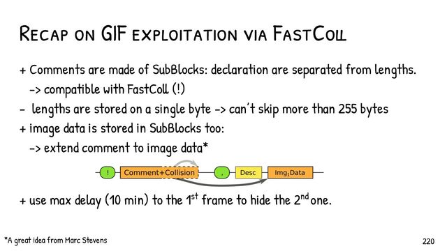 Recap on GIF exploitation via FastColl
+ Comments are made of SubBlocks: declaration are separated from lengths.
-> compatible with FastColl (!)
- lengths are stored on a single byte -> can’t skip more than 255 bytes
+ image data is stored in SubBlocks too:
-> extend comment to image data*
+ use max delay (10 min) to the 1st frame to hide the 2nd one.
220
*A great idea from Marc Stevens
