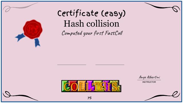 Hash collision
Computed your ﬁrst FastColl
Certificate (easy)
Ange Albertini
INSTRUCTOR
COLLT IS
75
